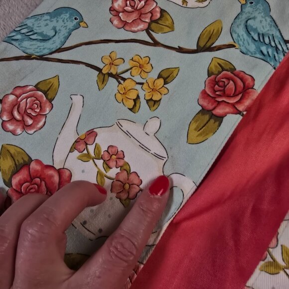 Ritz Apron Half Bluebird Rose Teapot Print Aqua Pink Vintage Cottagecore Kitchen - Picture 3 of 11